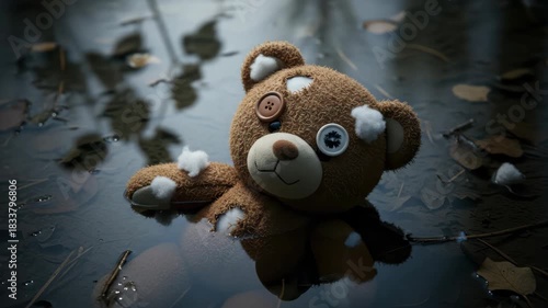 Lost and Forgotten: Abandoned Teddy Bear Reflects on Childhood Memories in a Rain Puddle