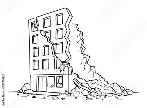 Damaged Building with Large Crack and Debris Pile