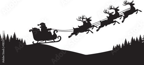 Black silhouette of Santa riding his sleigh pulled by reindeers, long horizontal composition, bringing holiday cheer and Christmas magic to all, symbolizing festive winter celebration. 