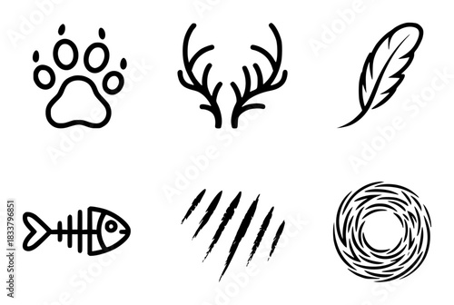 Set of Six Black and White Icons Paw Print, Antlers, Feather, Fishbone, Scratches, Nest