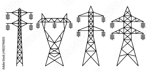 Set of stylized power line towers and insulators, black and white