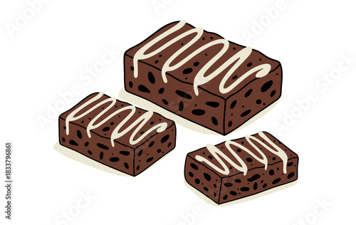 Three Delicious Chocolate Brownies with White Icing Drizzle