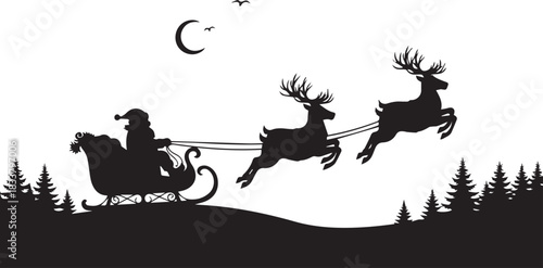 Pulled by a dynamic team of flying reindeer vector silhouette design for 25 December Merry Christmas Holiday, Ideal for holiday marketing, greeting designs, and décor, long horizontal composition. 