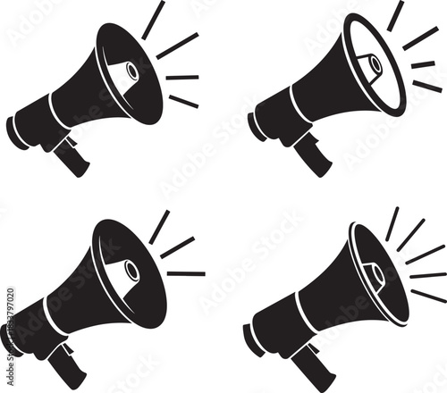 Four black megaphone silhouettes with sound waves illustration silhouette