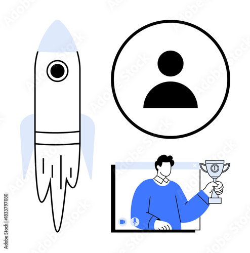 Rocket launching, user avatar, video call participant holding a trophy. Perfect for startup success, user identity, online learning, teamwork, remote work, digital collaboration leadership themes