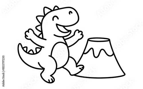 Cute dinosaur and volcano coloring page for kids