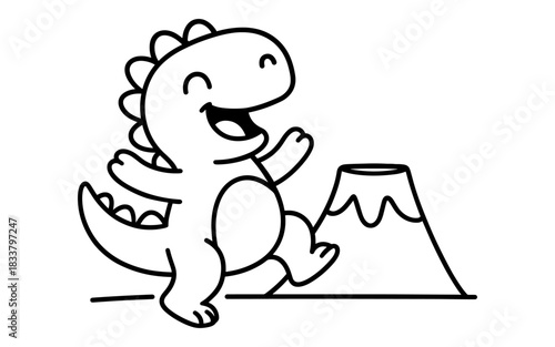 Playful dinosaur and volcano outline drawing for kids' coloring activities