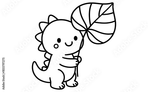 Cute dinosaur holding plant leaf: adorable black and white cartoon design