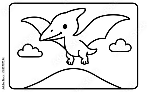 Cute pterodactyl coloring page design with clouds and hill outline