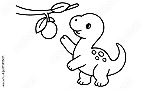 Cute dinosaur reaching for fruit on a branch in outline art style