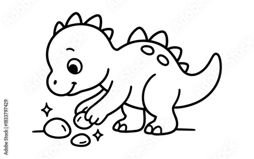 Cute baby dinosaur playing with stones in a black and white cartoon design