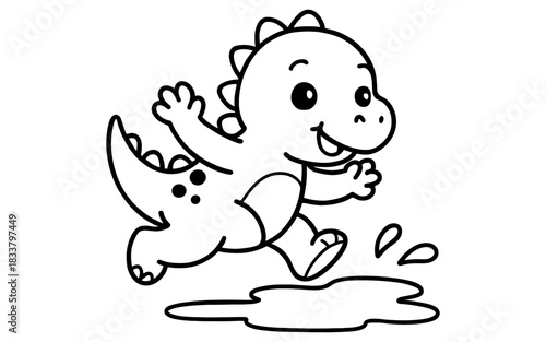 Playful dinosaur splashing in puddle outline drawing for kids coloring book