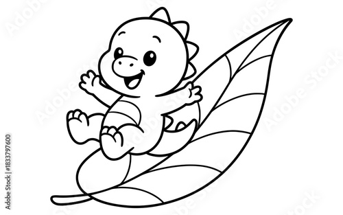 Cute baby dinosaur resting on leaf outline cartoon for kids coloring