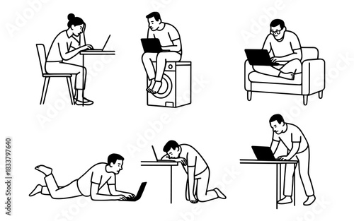 Silhouette style office and home remote work scenarios with laptops