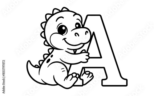Cute cartoon dinosaur embracing alphabet a in black and white outline for kids