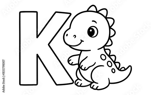 Cute dinosaur outline with letter k for kids coloring activity