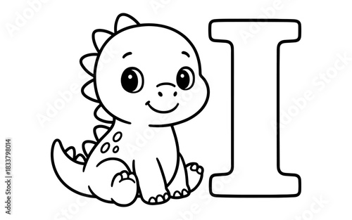 Cute dinosaur coloring page with letter i for kids' alphabet learning