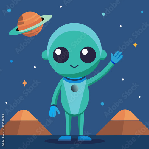 Friendly cartoon alien waving hello from a distant planet with saturn and stars