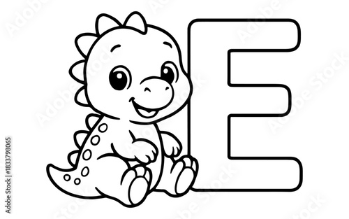 Cute dinosaur with letter e outline for kids' alphabet learning