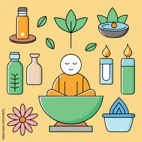 Serene meditation and spa elements with essential oils and candles