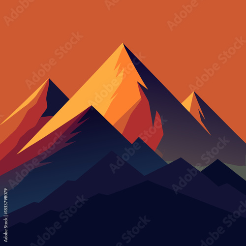 Vibrant geometric mountain peaks under a fiery orange sunset sky