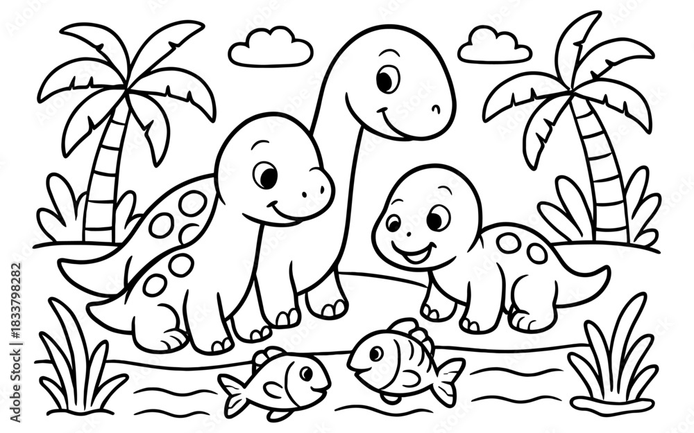 Obraz premium Delightful dinosaur family in a playful landscape for kids coloring activity