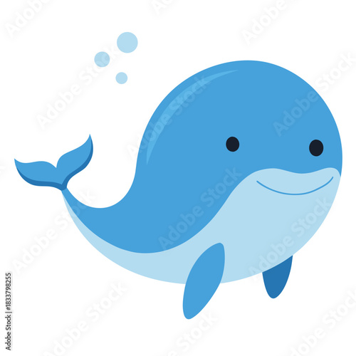 Cute cartoon blue marine mammal with bubbles swimming happily in the ocean
