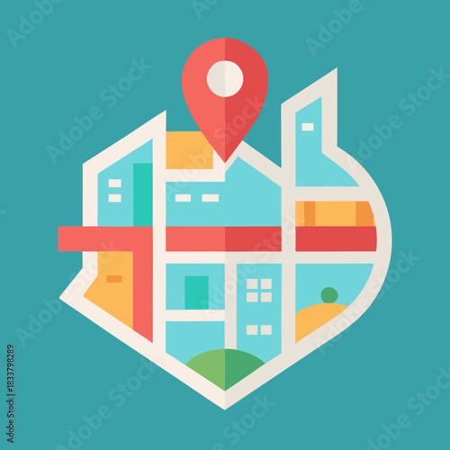 Stylized city map with red location pin and geometric buildings
