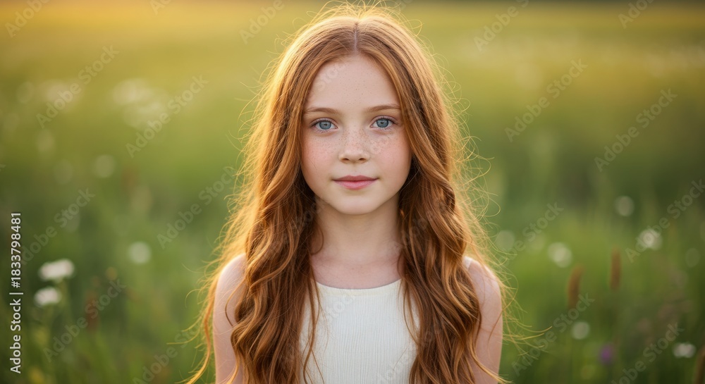 Naklejka premium Young girl with long red hair in a field of flowers