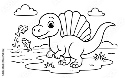 Adorable dinosaur with splashing fish in playful outline art for kids