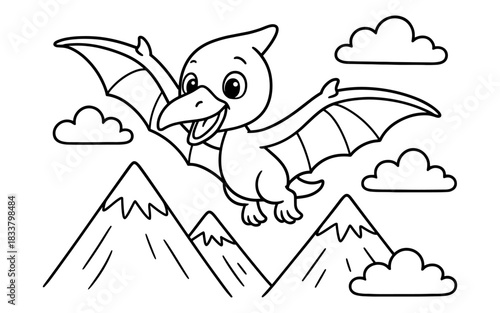 Cute pterodactyl flying in mountain landscape with clouds outline