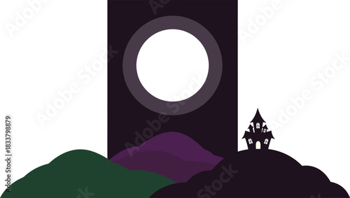 Eerie cemetery scene with full moon and tombstone silhouette for halloween and spooky themed designs isolated on white background