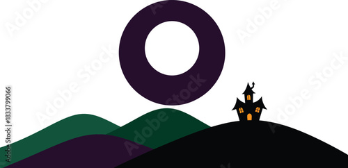 Mysterious dark circle over haunted hillside with spooky silhouette house underneath eerie atmosphere isolated on white background