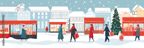Winter shopping street scene with people carrying gifts near Christmas tree and festive market kiosks in snow-covered old town vector illustration