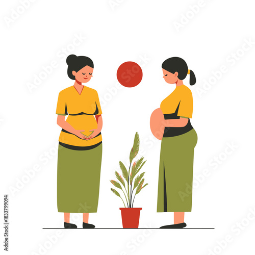 Two pregnant women in yellow tops and green skirts standing near potted plant and red sun in flat minimalist vector style with peaceful expressions and simple background