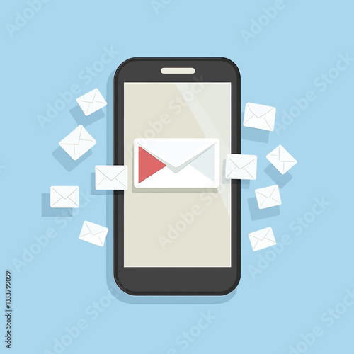 Smartphone with digital email message notifications and envelopes flying around on blue background communication concept illustration