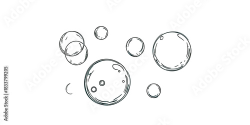 Hand drawn sketch of floating transparent bubbles with reflections and highlights isolated on white background vector illustration in minimalist line art style