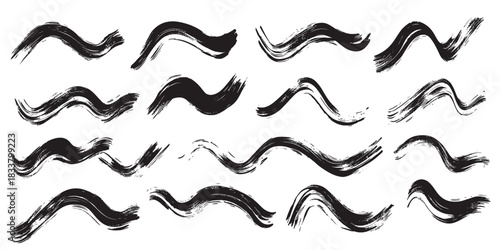 Set of 20 black hand drawn brush stroke vector elements with squiggle and wavy underline styles for artistic accents and highlights in design projects