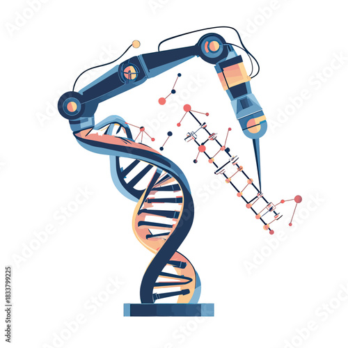 Abstract robotic arm editing DNA helix with molecular structure elements, genetic engineering and biotechnology concept vector illustration