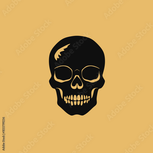 Minimalist black skull illustration on muted yellow background flat vector design with clean lines and simple shapes for logo or icon use