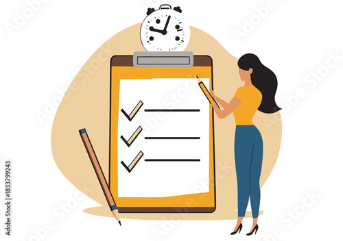 Businesswoman writing checklist on clipboard with pen and clock icon, productivity planning and task management concept flat vector illustration