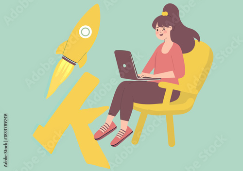 Young woman sitting on yellow chair working on laptop next to large yellow hashtag with rocket booster symbolizing social media growth and digital marketing success concept in flat minimalist style