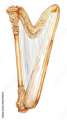 Golden harp classical musical instrument detailed watercolor illustration with ornate column and strings for traditional music and concert visuals
