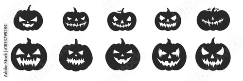 Set of ten black Halloween pumpkin silhouettes with various spooky carved faces expressing fear, anger, mischief and creepiness in flat minimalist vector style