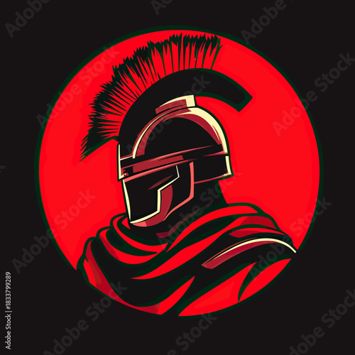 Spartan warrior helmet silhouette with plume and cloak emblem logo in red and black minimalist vector design suitable for sports and culture branding