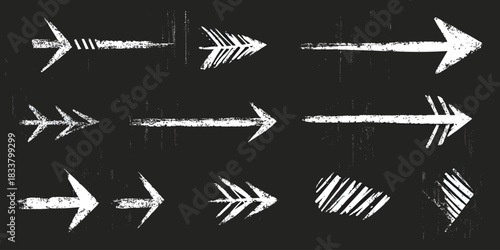 Chalk style white hand drawn arrow set with rough textured sketch strokes and directional pointers on black background vector illustration design elements