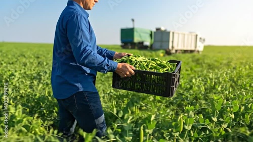 Farmer Harvesting Fresh Peas, Carrying Crate in Field