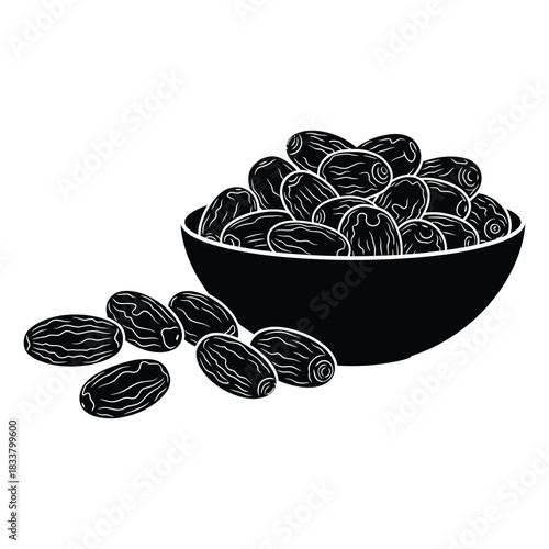 Hand drawn illustration of a bowl overflowing with dark raisins and scattered on a white background