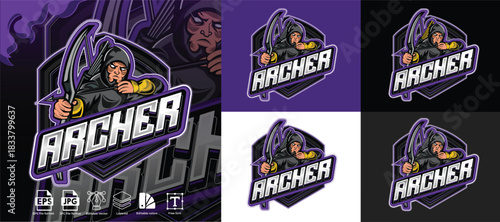 Professional archer logo vector design e-sport gaming emblem purple black hooded warrior with bow & arrow badge illustration. Perfect for gaming clans & sports brands editable vector.