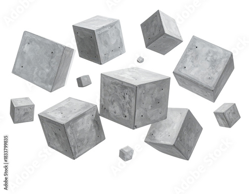 Floating Geometric Concrete Cubes in an Abstract Pattern with Transparent Background